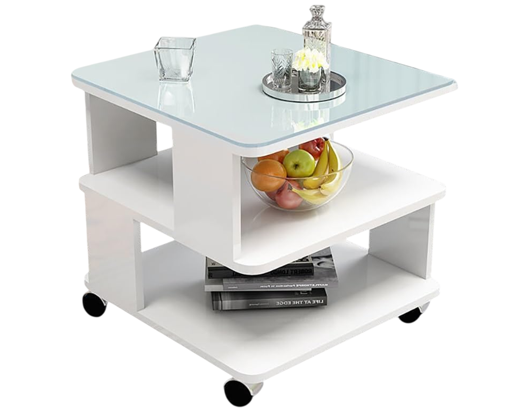 Coffee Table with Storage – 3-Tier Coffee Table with Wheels & Tempered Glass Top (White)