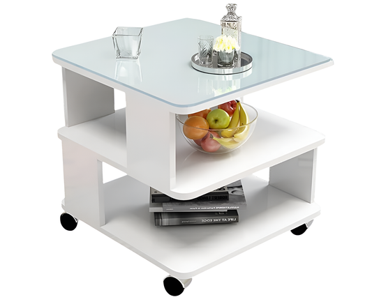 Coffee Table with Storage – 3-Tier Coffee Table with Wheels & Tempered Glass Top (White)