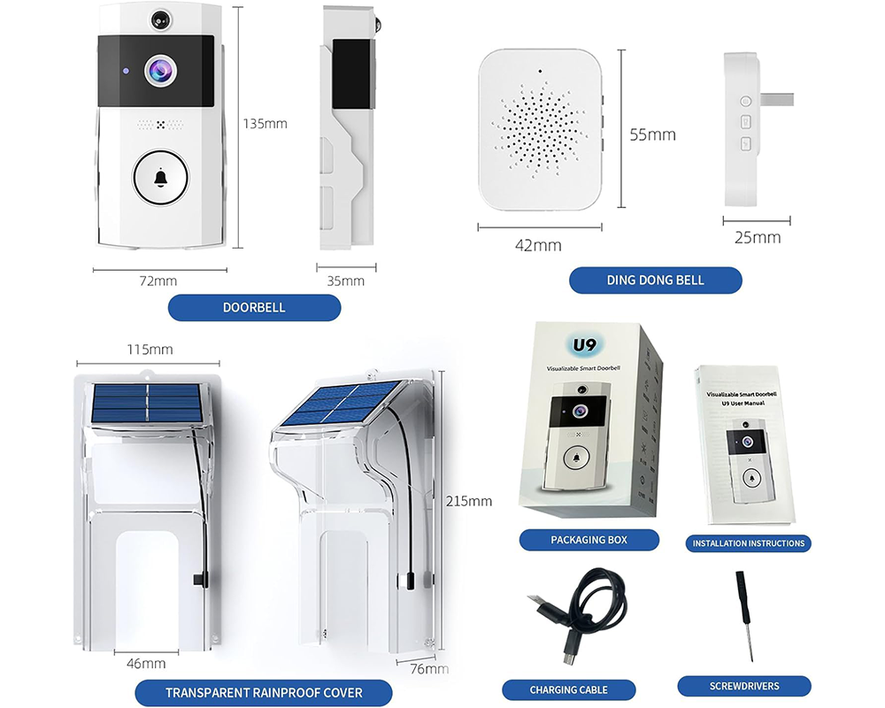 Rechargeable Video Doorbell – 1080P Rechargeable Video Doorbell with Solar Cover