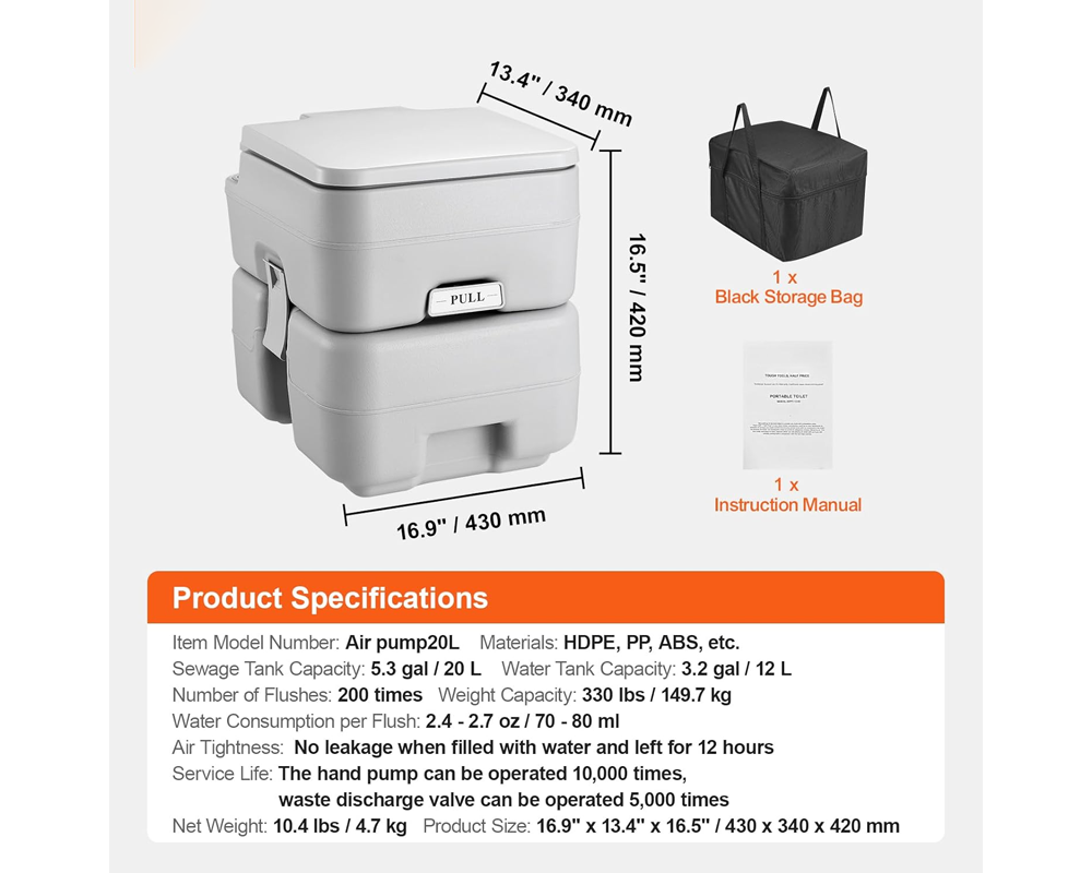 Portable Toilet for Camping 20L Waste Tank & 12L Flush Tank