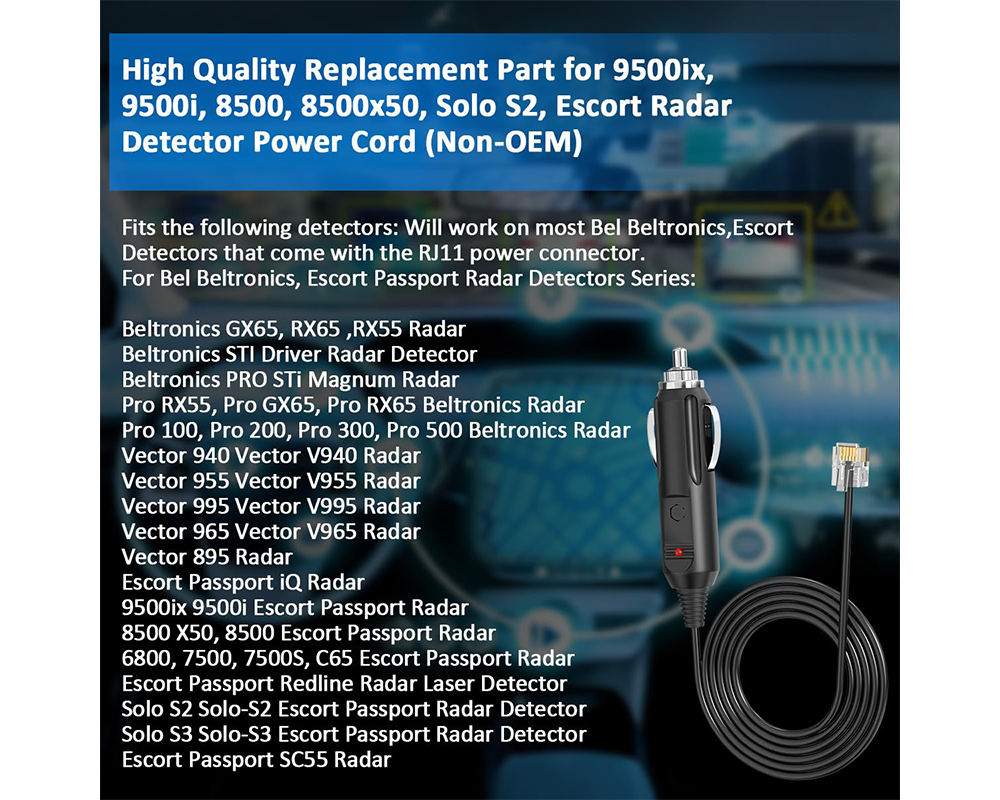 Power Cable Cord for Escort, Beltronic, V1 & Uniden Radar Detectors