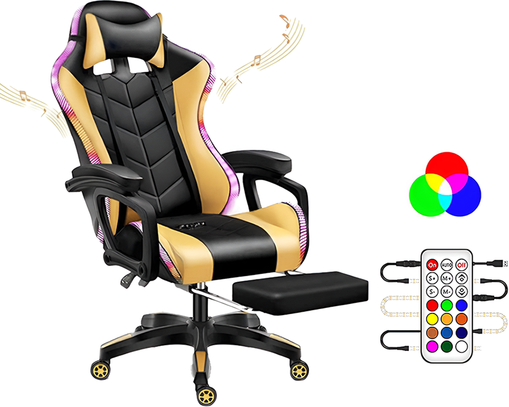 Gaming Chair with RGB LED Lighting and Bluetooth Speakers – Ergonomic Gold Music & Office Chair