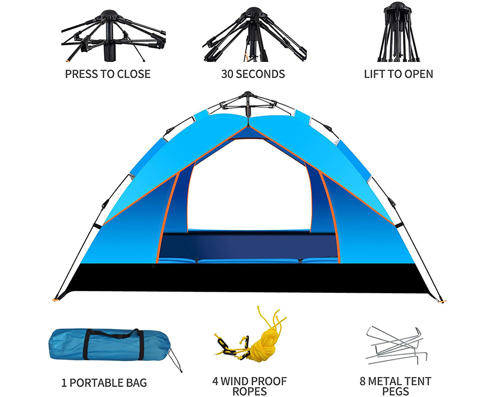 Camping Tent for 3–4 Persons – Waterproof Pop-Up Camping Tent with Instant Setup & Dual Doors