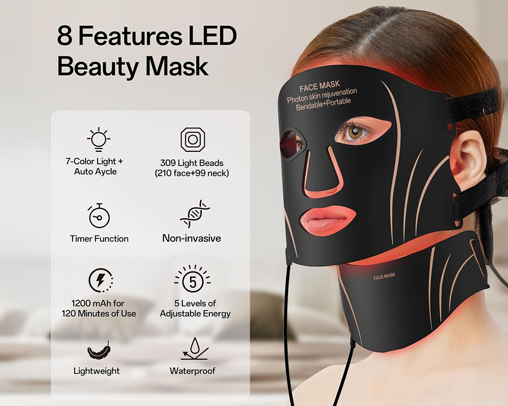 LED Face & Neck Therapy Mask with 7 Color Light Modes, Rechargeable