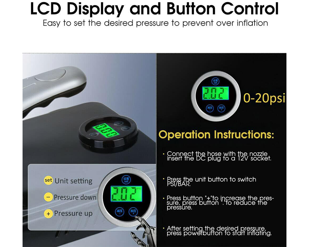Electric SUP Pump 12V Digital Display Inflator for Paddle Board