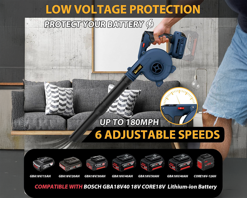 Cordless Leaf Blower for Bosch CORE18V Battery – High Performance Brushless Motor, 2-in-1 Blower & Vacuum