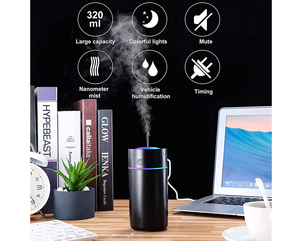 USB Portable Humidifier – 320ml Quiet Cool Mist Air Humidifier with LED Night Light for Home & Office