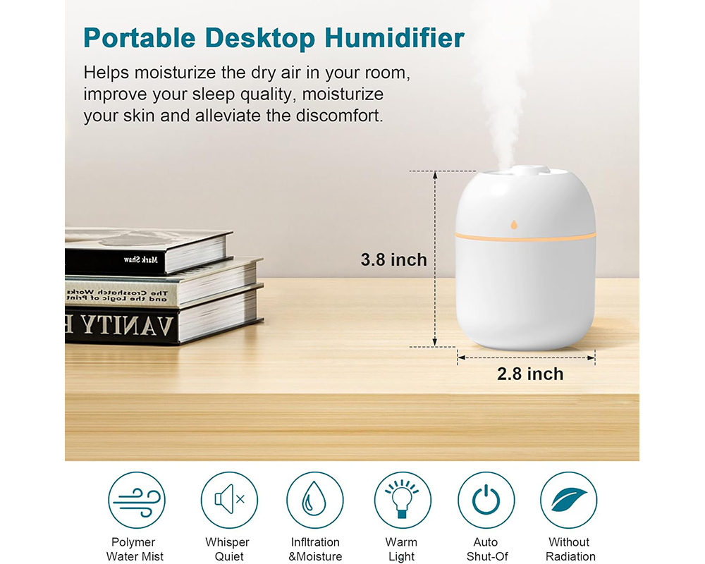 USB Mini Humidifier – 220ml Quiet Portable Cool Mist Air Diffuser with Auto Shut-Off & Light