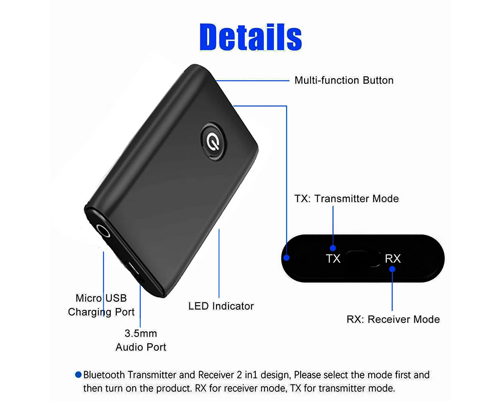 Bluetooth 5.0 Transmitter Receiver – 2-in-1 Wireless Audio Adapter with 3.5mm AUX for TV, PC & Car