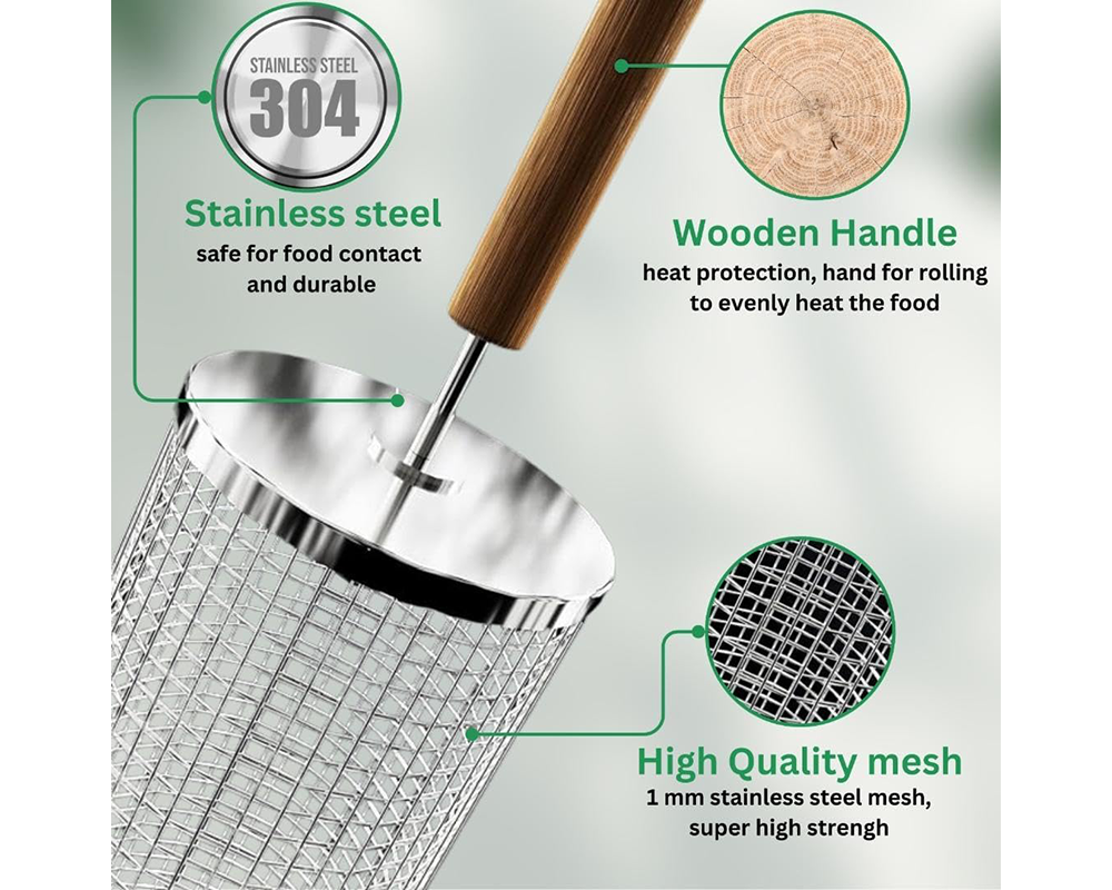 BBQ Rolling Basket – Stainless Steel Rotating Grill Tube for Even Cooking of Meat & Veggies