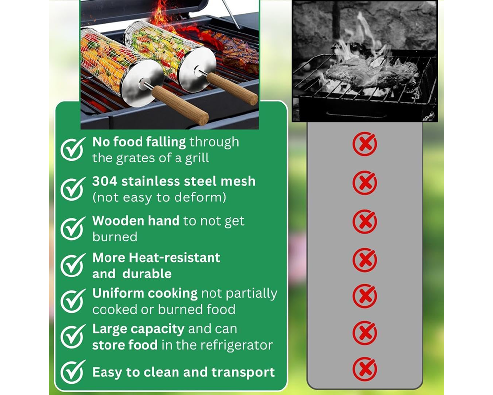 BBQ Rolling Basket – Stainless Steel Rotating Grill Tube for Even Cooking of Meat & Veggies