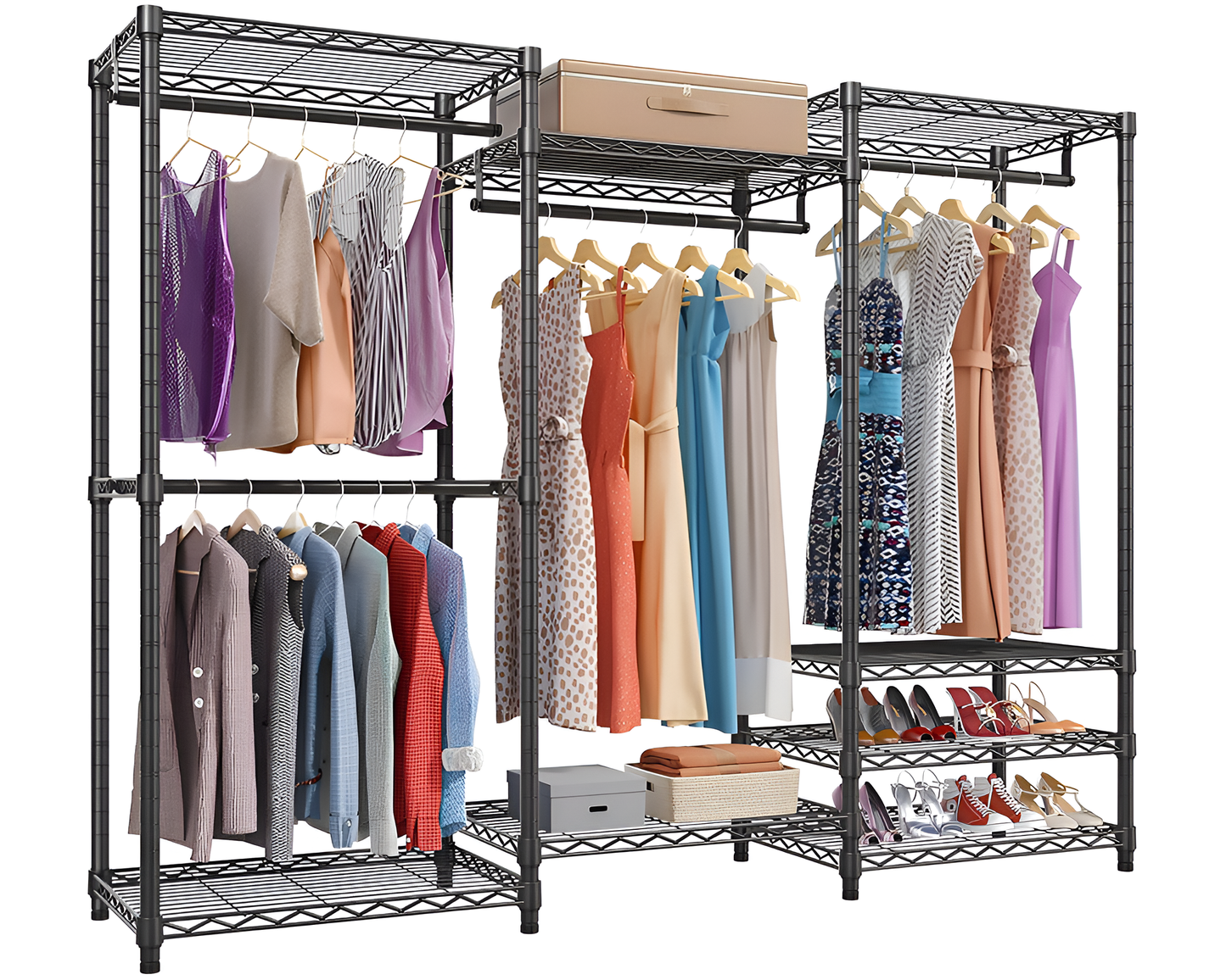Wardrobe Organiser Heavy Duty Clothes Rack 4 Hang Rods 8 Shelves