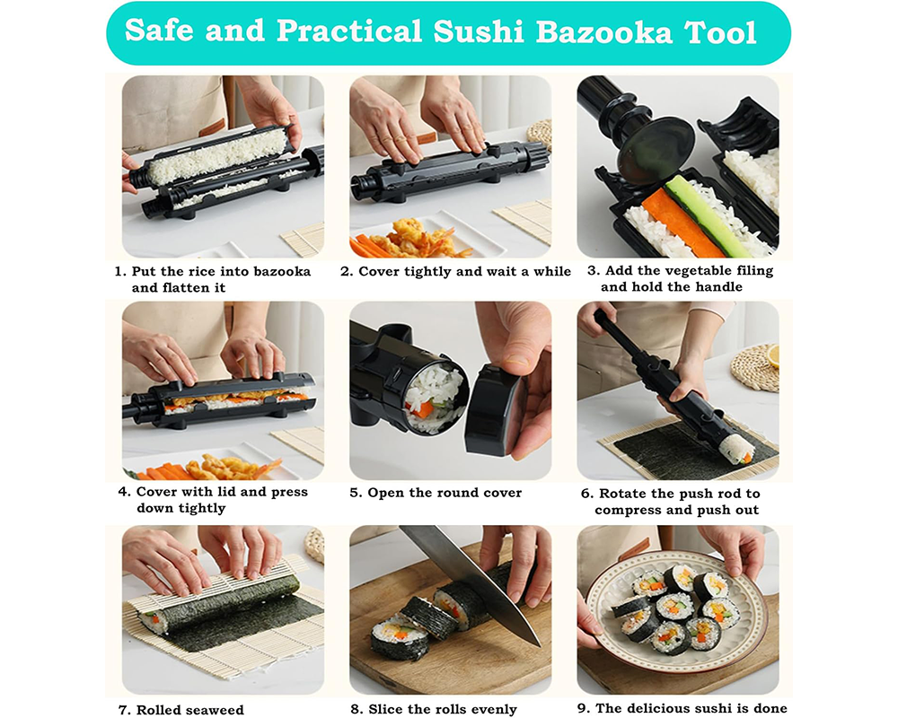 Sushi Roller Kit – 6Pcs DIY Sushi Making Set with Bazooka, Bamboo Mat & Chopsticks (White)