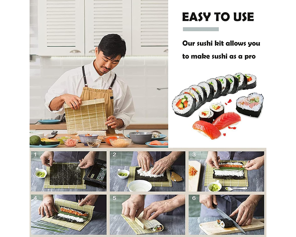 Sushi Roller Kit – 6Pcs DIY Sushi Making Set with Bazooka, Bamboo Mat & Chopsticks (White)