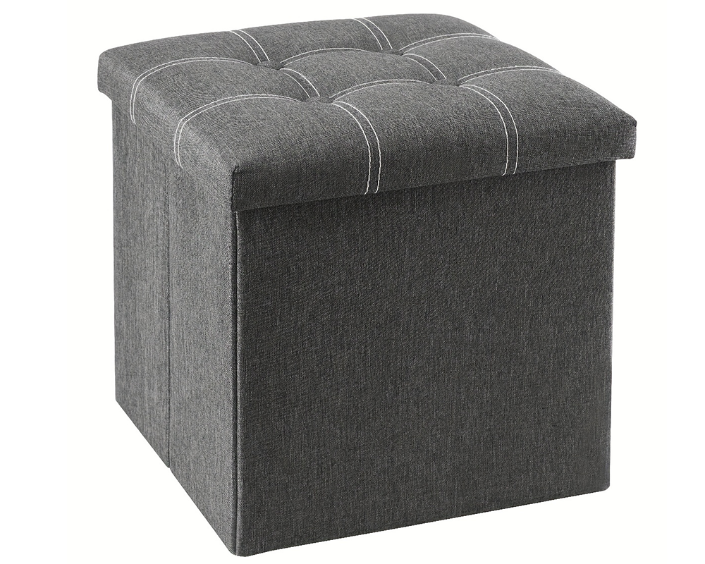 Storage Ottoman Bench – Grey Foldable Fabric Seat with Tufted Cushion & Hidden Storage Box