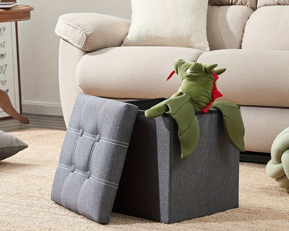 Storage Ottoman Bench – Grey Foldable Fabric Seat with Tufted Cushion & Hidden Storage Box