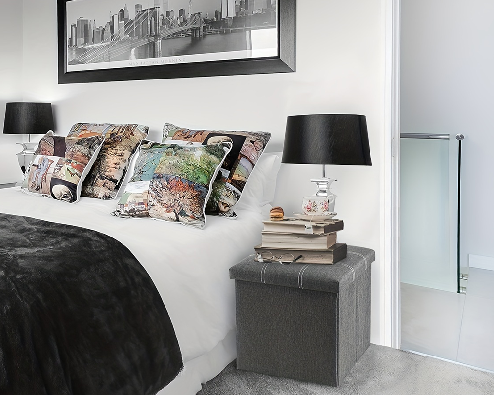 Storage Ottoman Bench – Grey Foldable Fabric Seat with Tufted Cushion & Hidden Storage Box