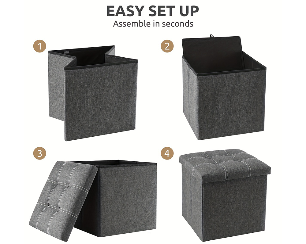 Storage Ottoman Bench – Grey Foldable Fabric Seat with Tufted Cushion & Hidden Storage Box