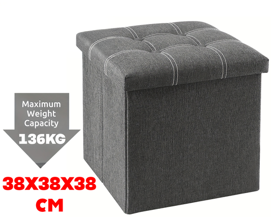 Storage Ottoman Bench – Grey Foldable Fabric Seat with Tufted Cushion & Hidden Storage Box