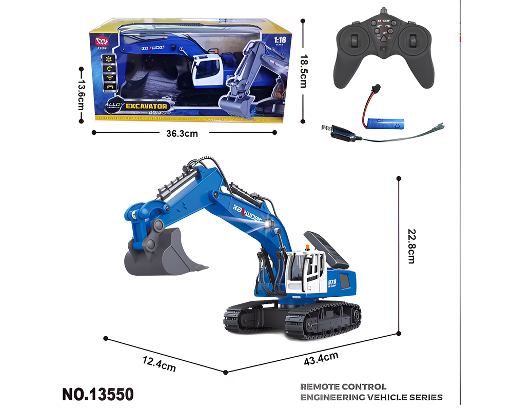 Remote Control RC Excavator Digger – 1/18 Scale RC Construction Vehicle with LED Lights