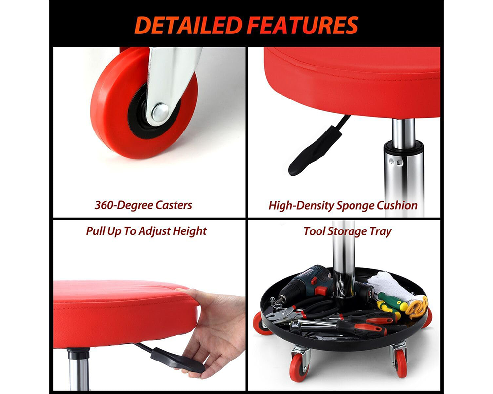 Rolling Garage Stool Garage Work Seat Adjustable Mechanic Chair with Tool Tray & Wheels
