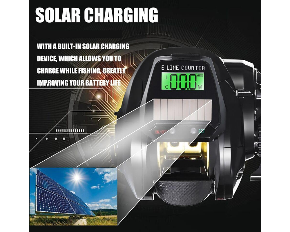 Electronic Fishing Reel with LED Display, USB & Solar Charging – 7.2:1 Gear Ratio
