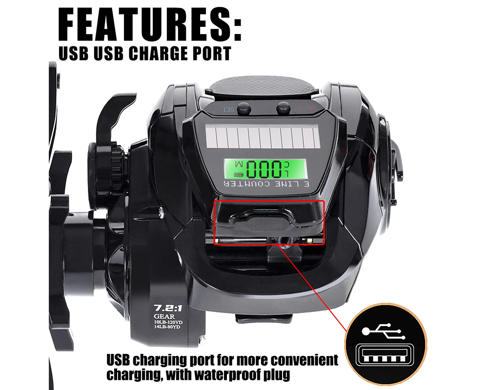 Electronic Fishing Reel with LED Display, USB & Solar Charging – 7.2:1 Gear Ratio