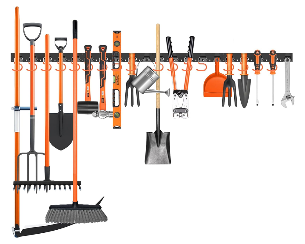 Adjustable Garden Storage System – 64" Wall Mount Tool Organiser with 20 Hooks for Broom, Mop, Shovel & Rake