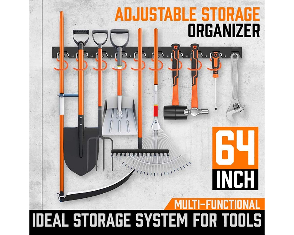 Adjustable Garden Storage System – 64" Wall Mount Tool Organiser with 20 Hooks for Broom, Mop, Shovel & Rake