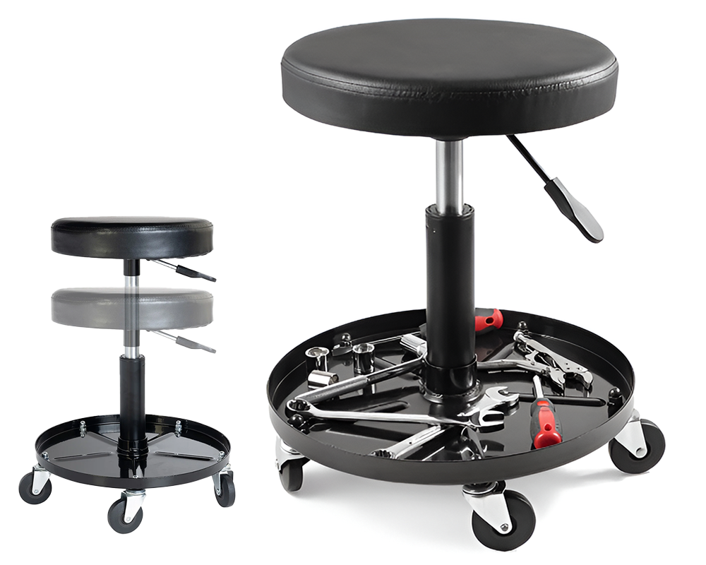 Rolling Garage Stool Garage Work Seat Adjustable Mechanic Chair with Tool Tray & Wheels