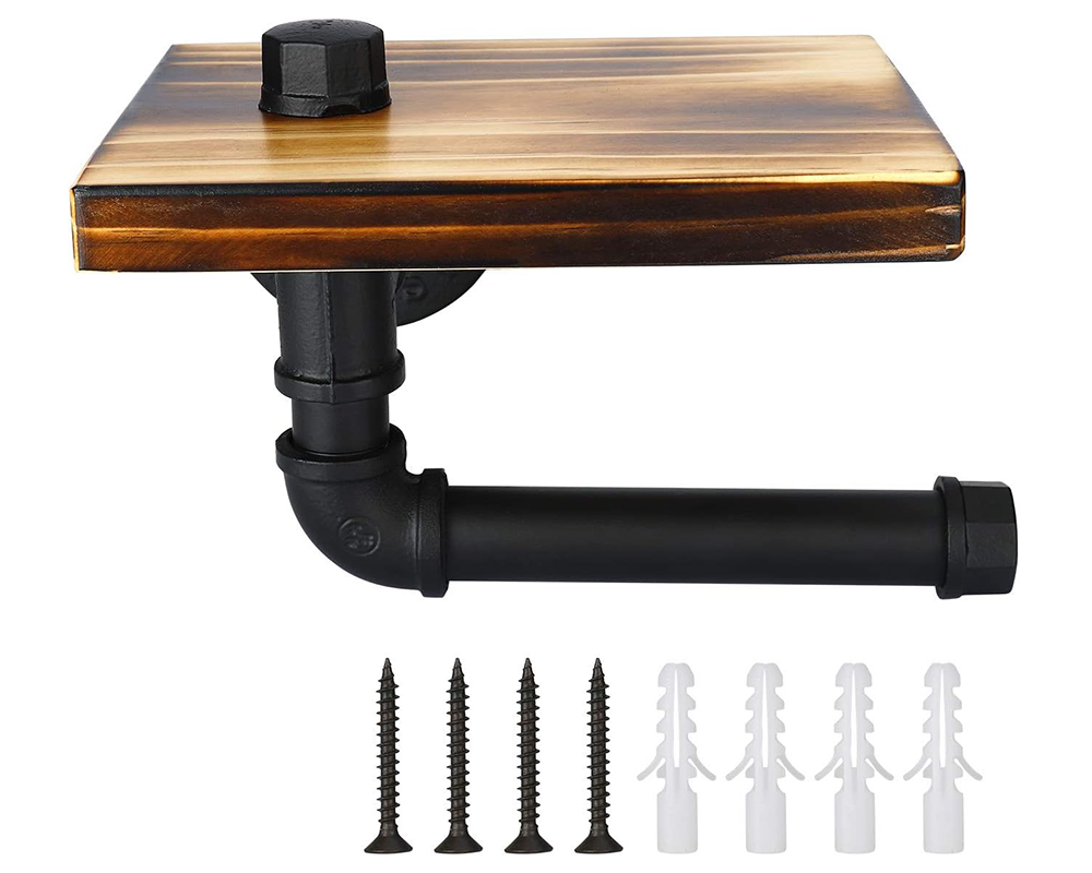 Rustic Toilet Paper Holder with Wooden Shelf – Industrial Farmhouse Bathroom Decor