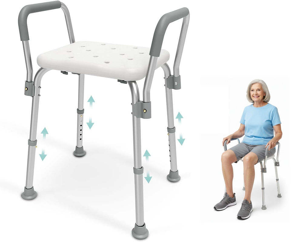 Adjustable Shower Chair Seat Bath Stool with Padded Armrests