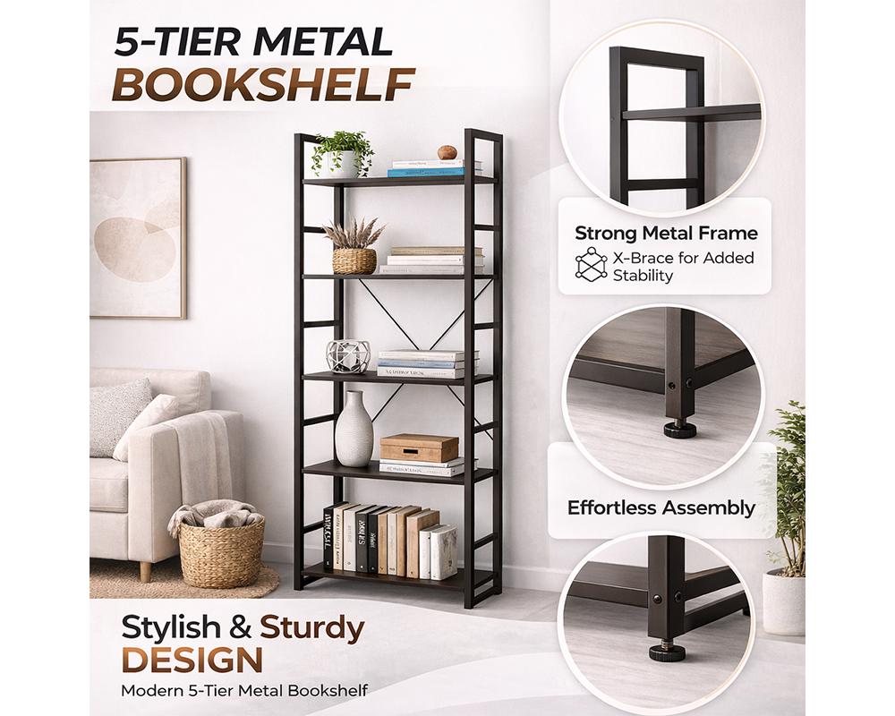 Bookshelf 5 Tier Bookshelf Storage Shelf with Metal Frame