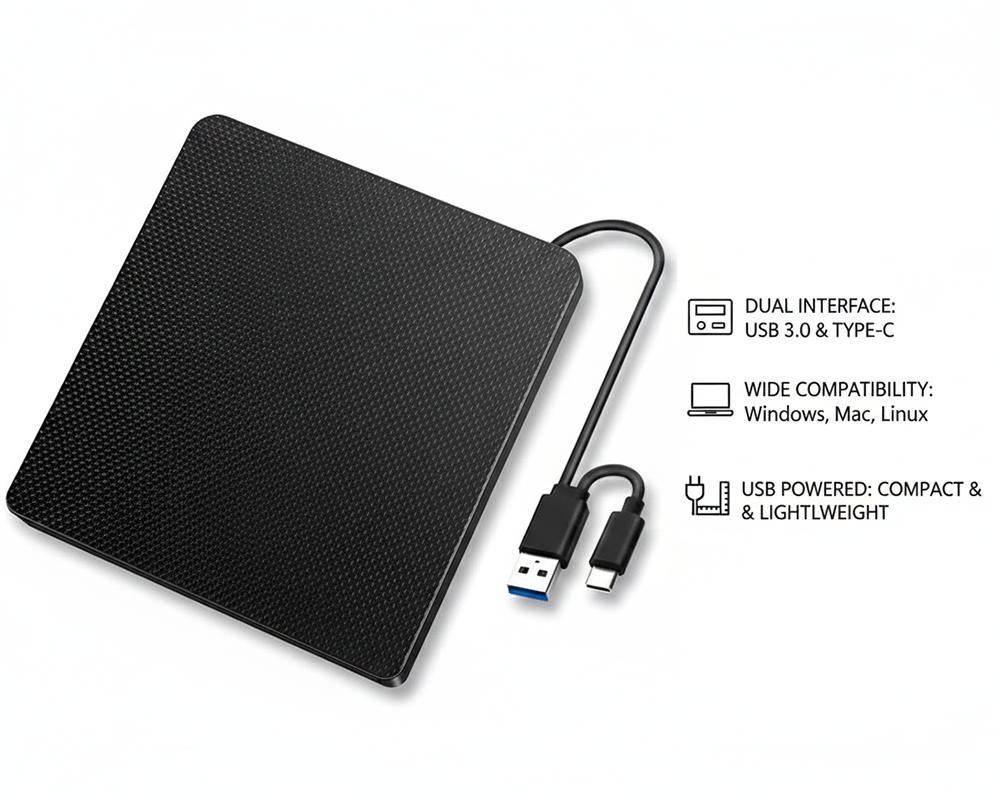 Portable External CD DVD Burner – 2-in-1 USB3.0 & Type-C