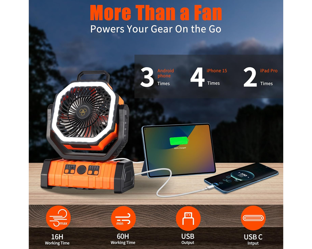 Portable Rechargeable Camping Lantern Fan with LED Light Rotatable for Home Tents