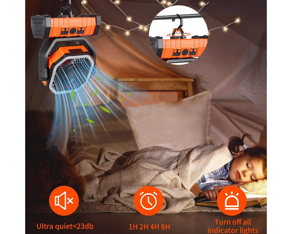 Portable Rechargeable Camping Lantern Fan with LED Light Rotatable for Home Tents