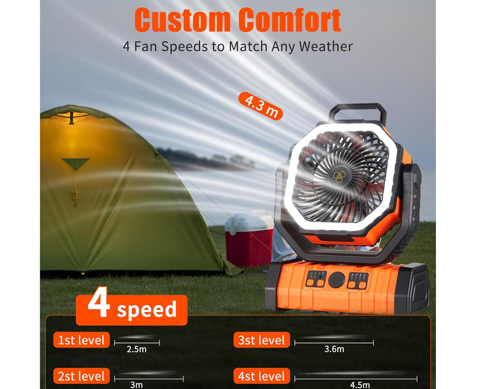 Portable Rechargeable Camping Lantern Fan with LED Light Rotatable for Home Tents