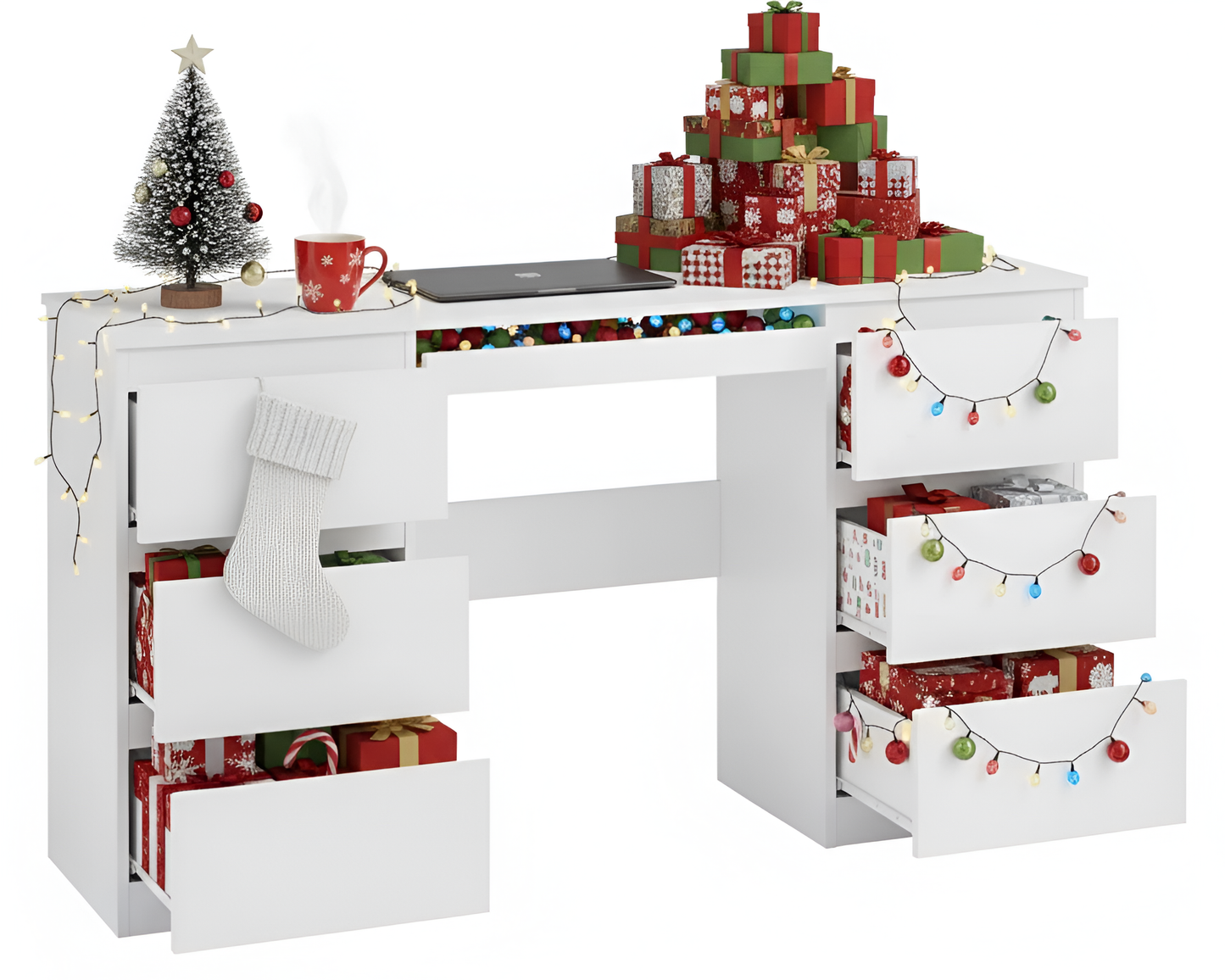 Office Desk Dressing Table White 140cm Computer Desk with 6 Drawers