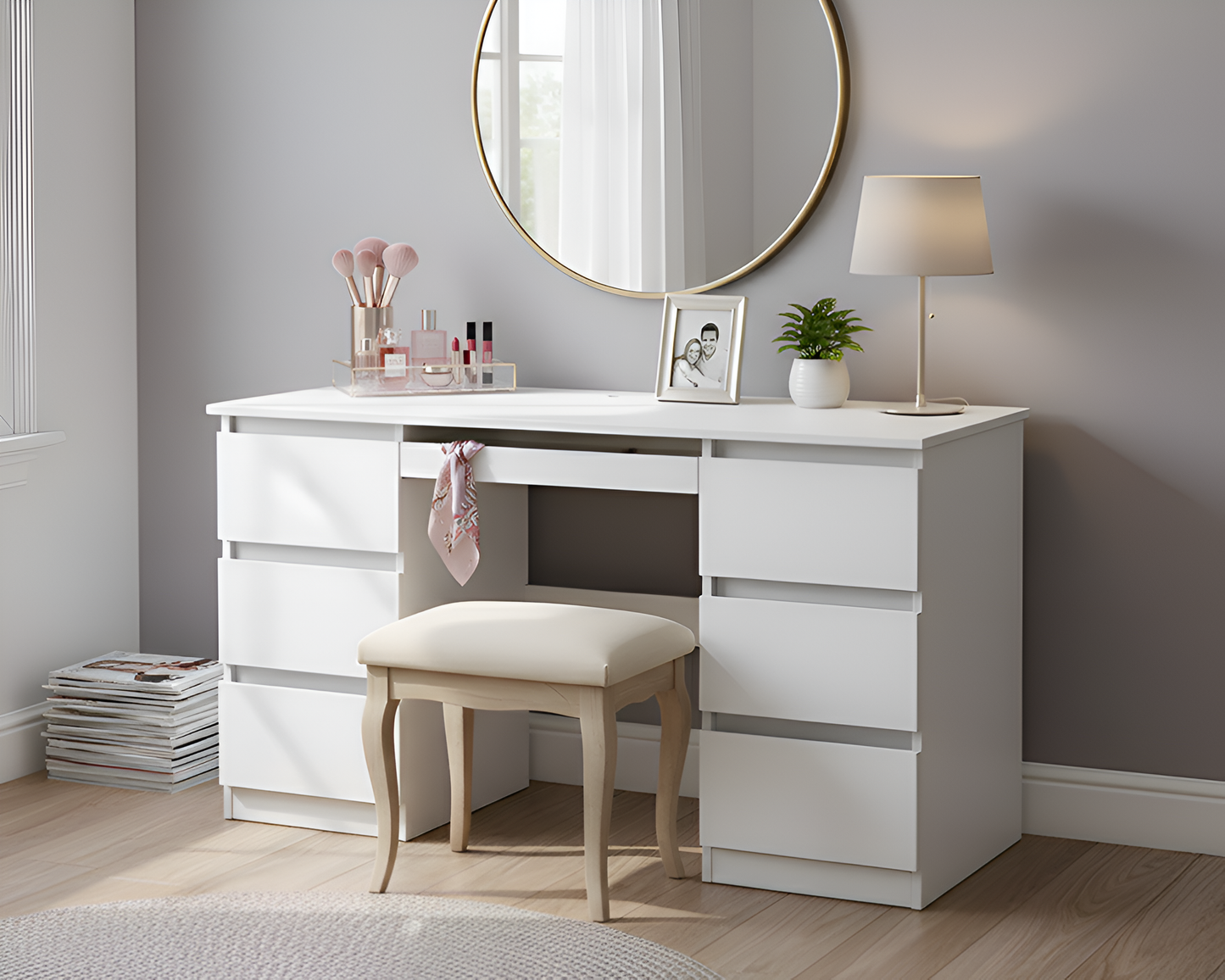 Office Desk Dressing Table White 140cm Computer Desk with 6 Drawers
