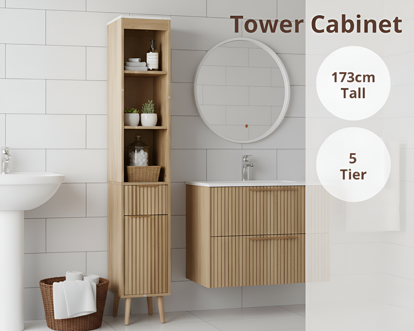 Bathroom Tower Cabinet 173cm Slim Storage Cabinet Natural Oak