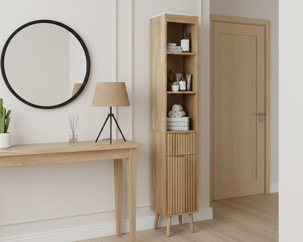 Bathroom Tower Cabinet 173cm Slim Storage Cabinet Natural Oak