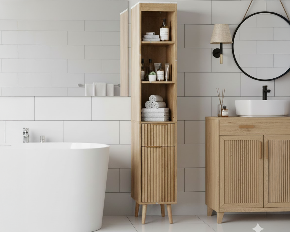 Bathroom Tower Cabinet 173cm Slim Storage Cabinet Natural Oak