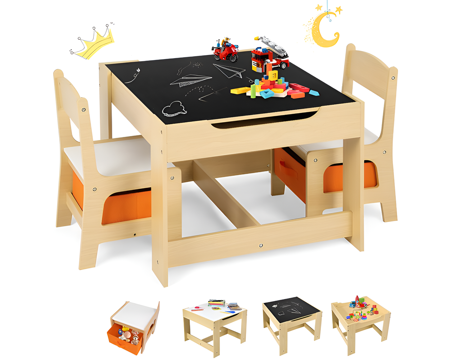 Table and Chairs Set – 3 Piece Wooden Desk with Storage Drawers