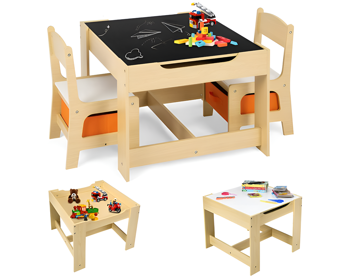 Table and Chairs Set – 3 Piece Wooden Desk with Storage Drawers