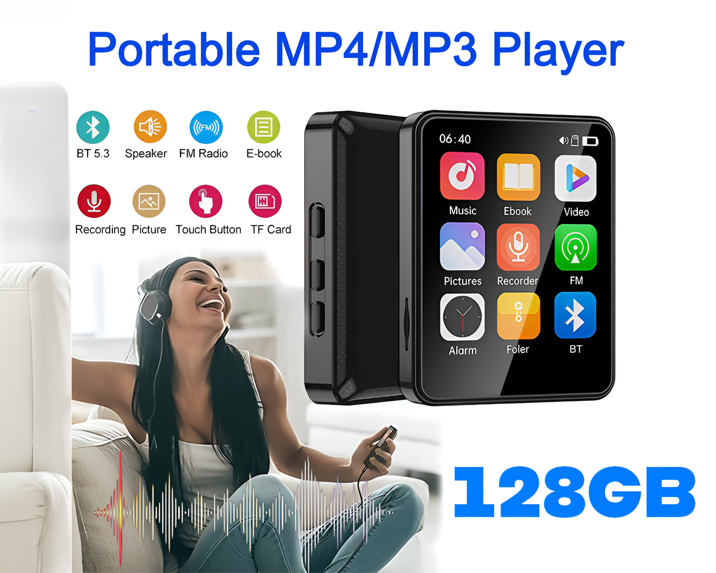 128Gb Bluetooth Mp3 / Mp4 Music Player With Radio & E Book Playback 128Gb iPods & MP3 Players