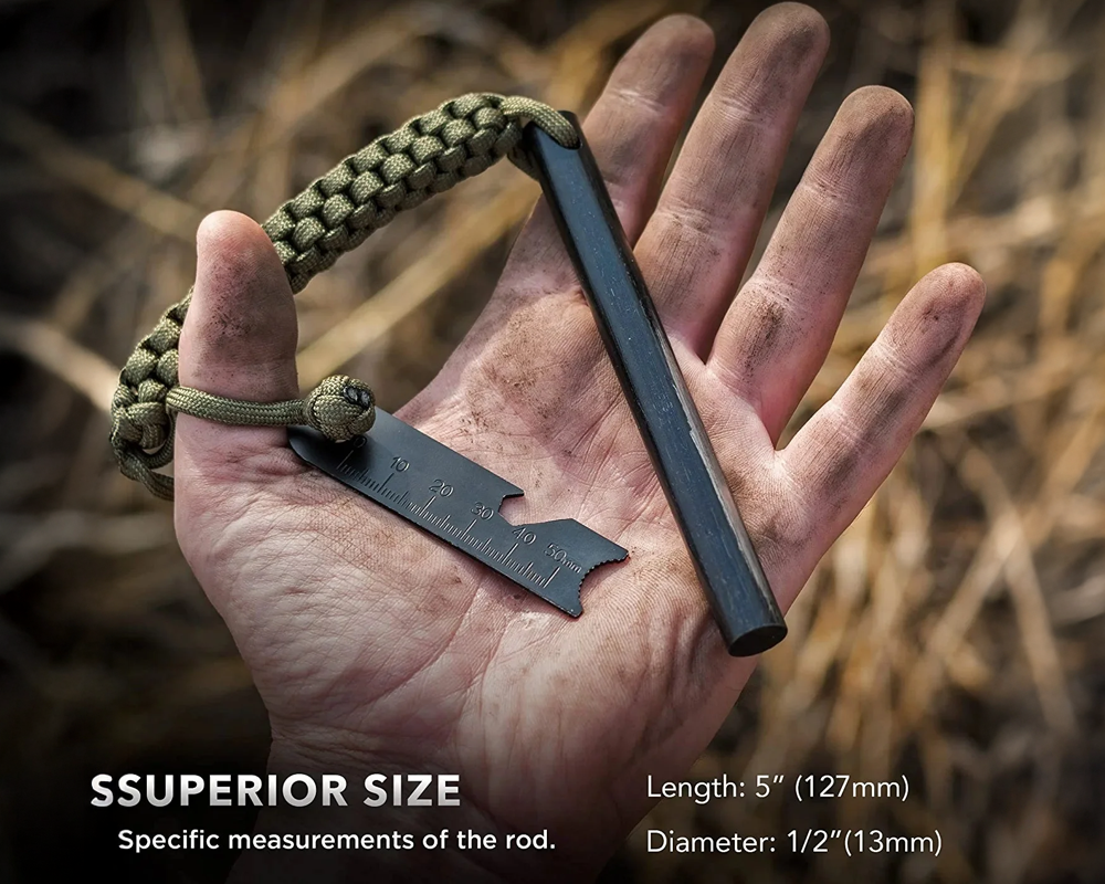 Fire Starter 1cm Thick 10cm Length, Bushcraft Drilled Ferro Rod with Multi-Tool