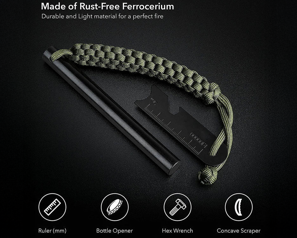 Fire Starter 1cm Thick 10cm Length, Bushcraft Drilled Ferro Rod with Multi-Tool