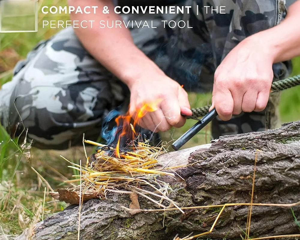 Fire Starter 1cm Thick 10cm Length, Bushcraft Drilled Ferro Rod with Multi-Tool