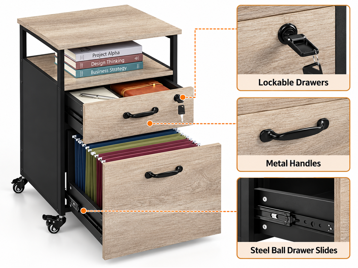 Mobile Filing Cabinet 2 Drawer Rolling Office Storage Cabinet with Lock