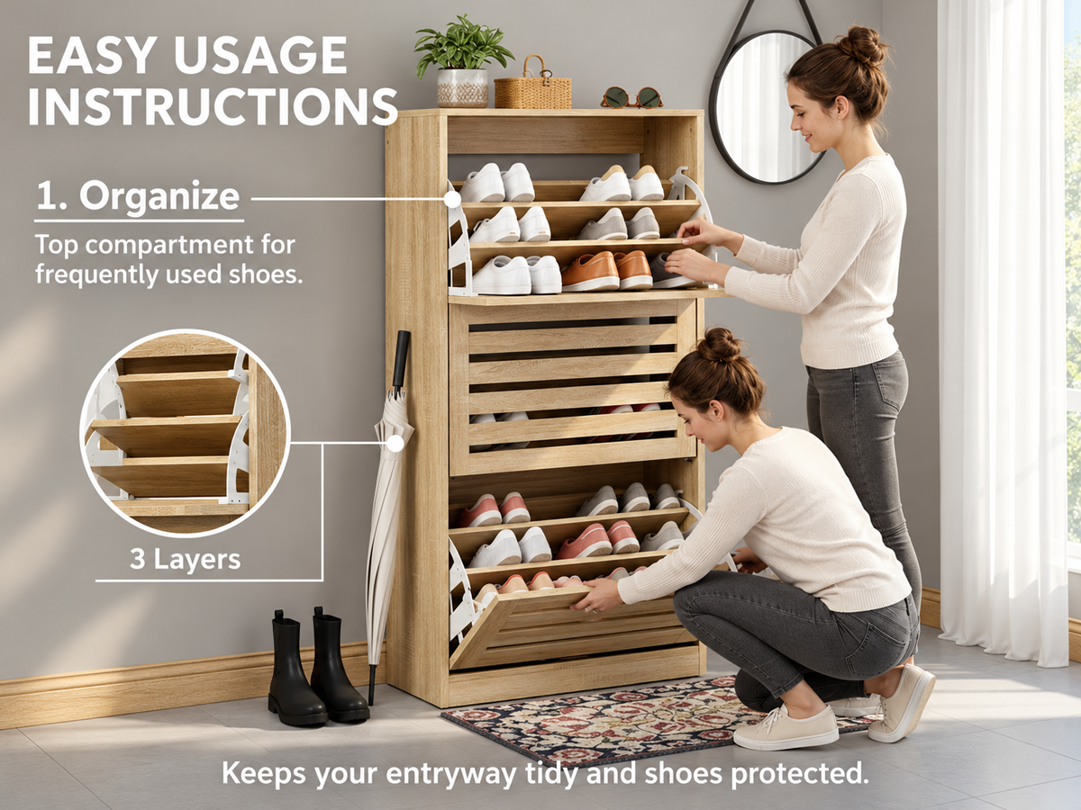 Shoe Cabinet 3 Tier Wooden Storage Organiser with Adjustable Shelves